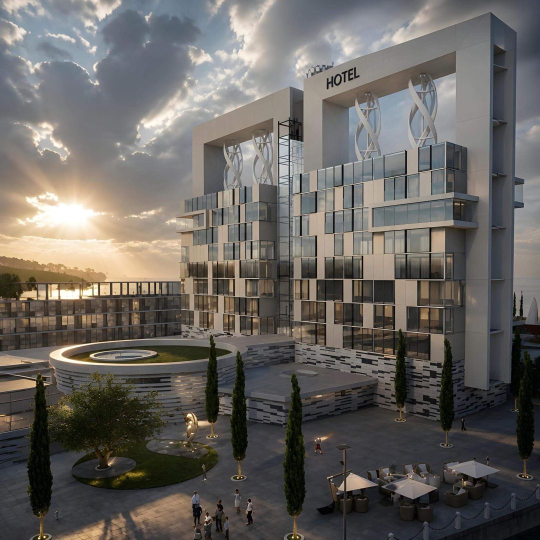 Prompt de cielos dramáticos aplicado a render de hotel con nubes y luz de atardecer