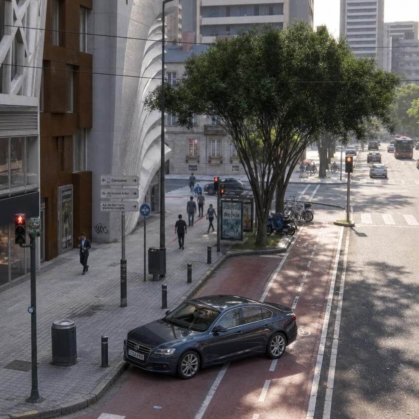 Prompt de detalles urbanos aplicado a render de calle con coches, señalética y peatones