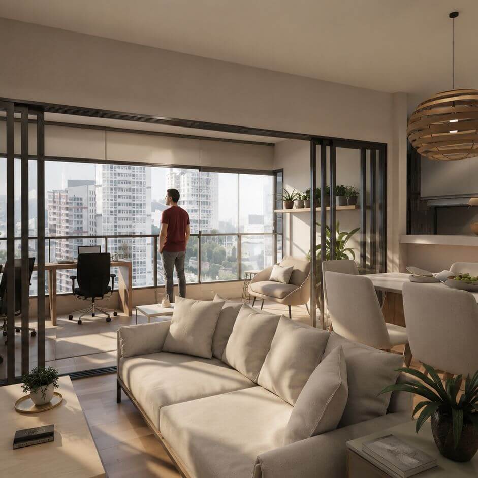 Prompt de interiores realistas aplicado a render de salón con vistas urbanas