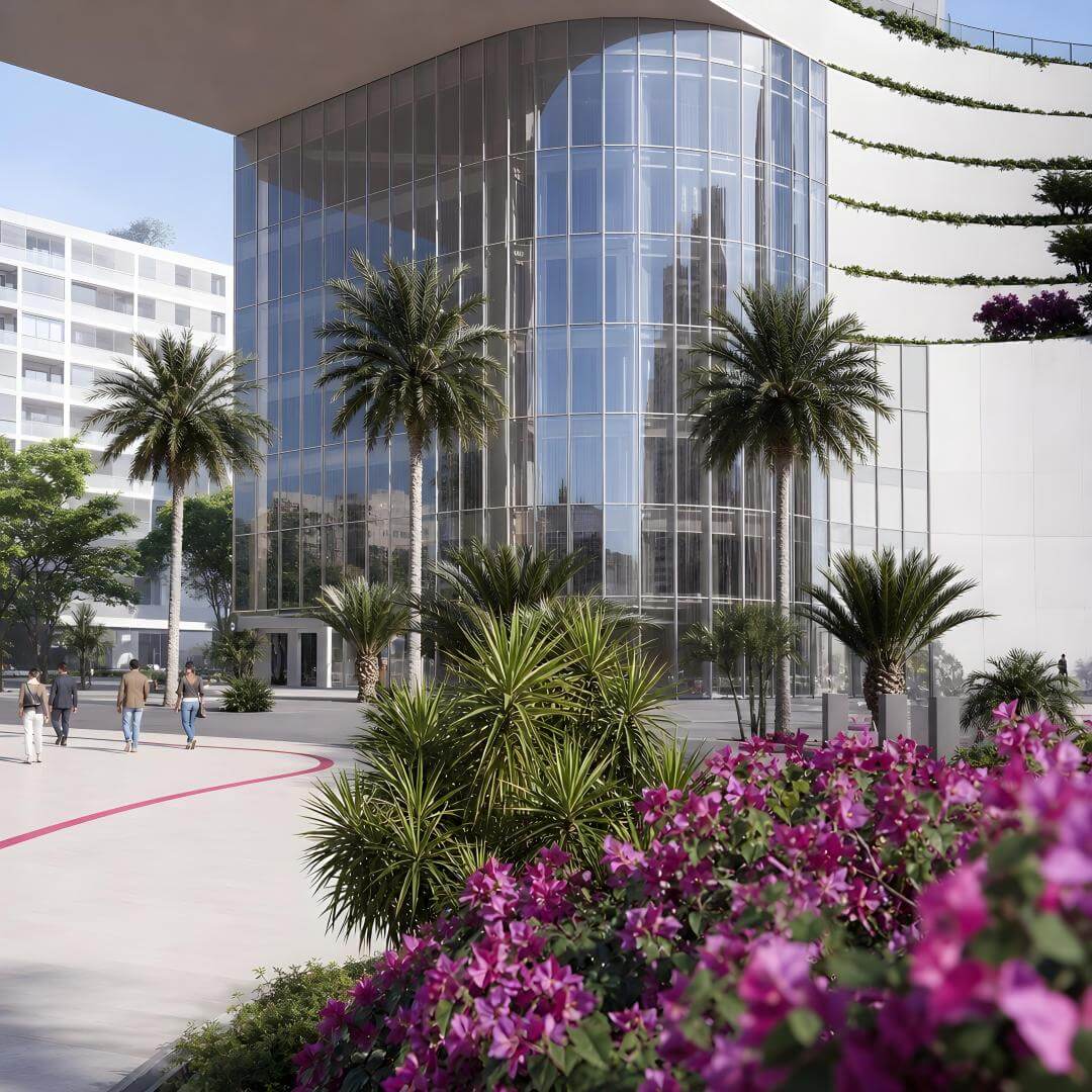Prompt de reflejos realistas en fachada de cristal para render de arquitectura